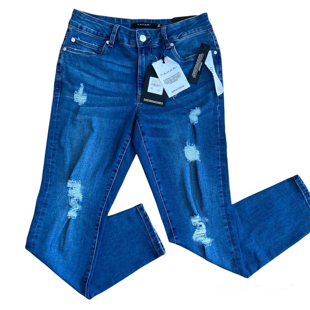Tahari women blue skinny jeans size 4 ripped stretch casual style NWT